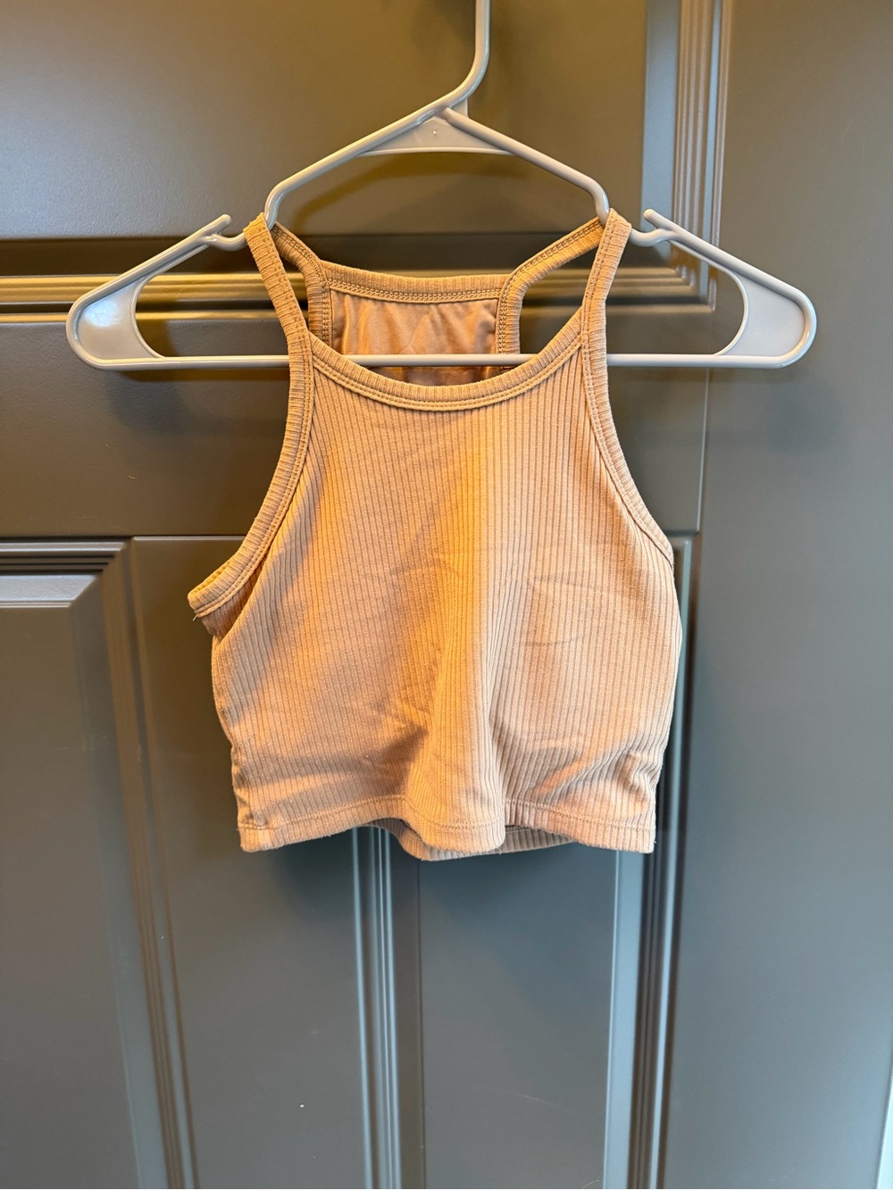 Klassy Network Ribbed High Neck Crop Tank - Tan, Size S